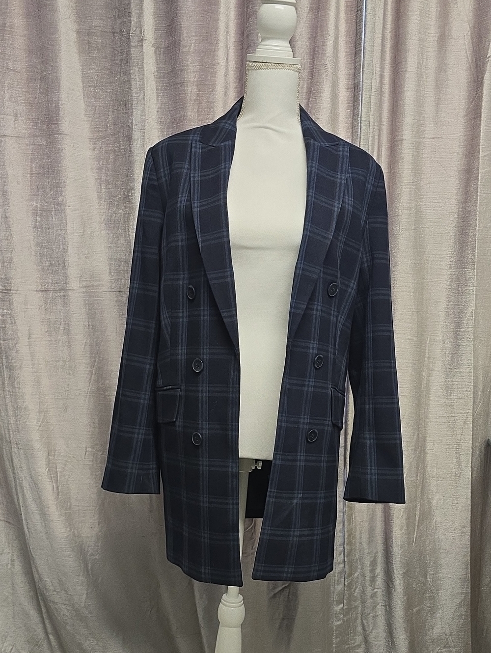 ​Vince Camuto Navy Blue Plaid Double Breasted Longline Blazer Jacket Size 12